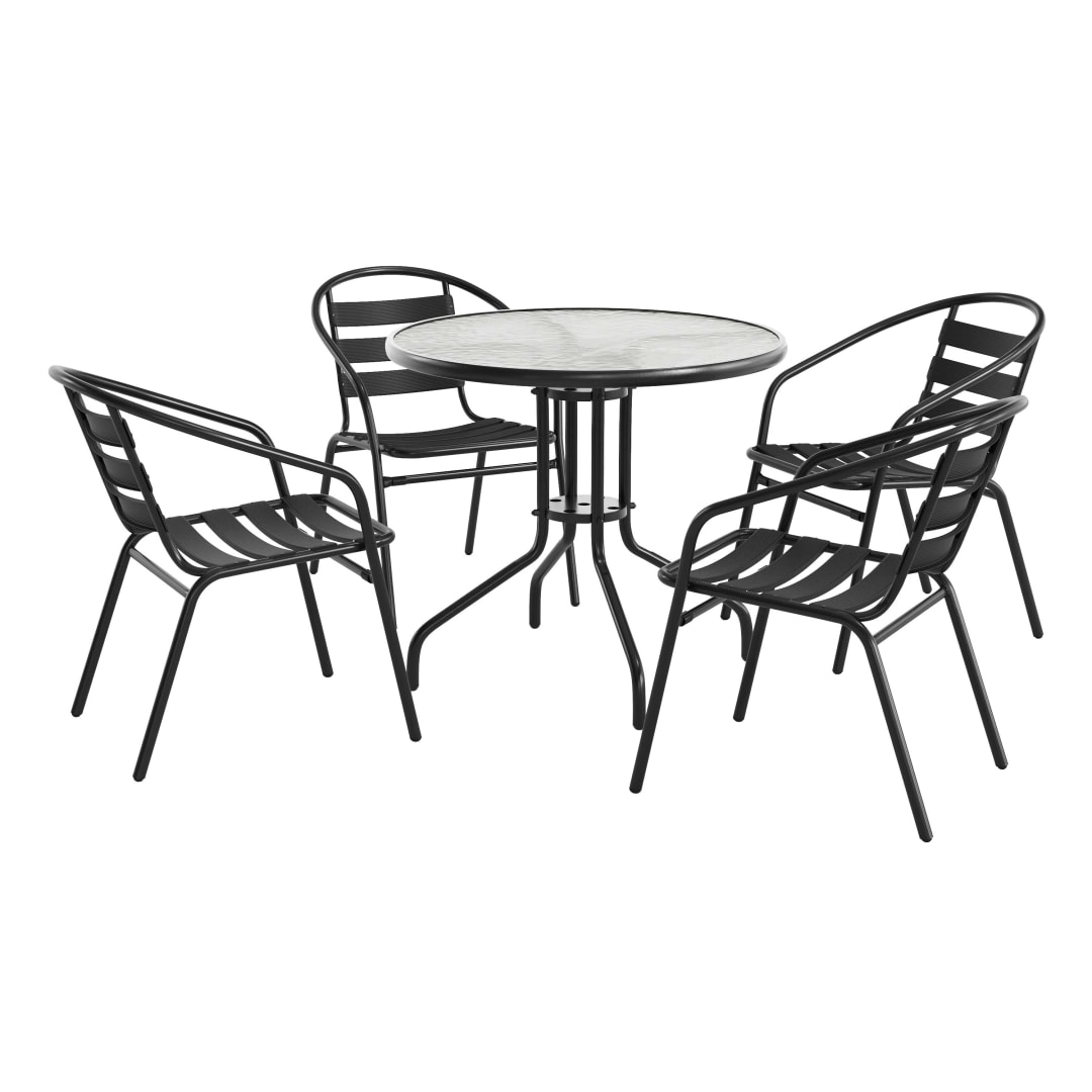 Lila 31.5'' Round Glass Metal Table with 4 Black Metal Aluminum Slat Stack Chairs