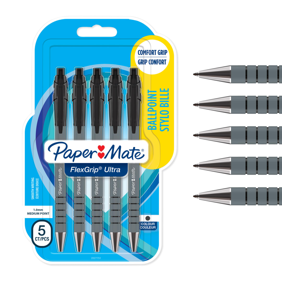 Paper Mate Flexgrip Ultra bolígrafo retráctil | punta mediana (1,0 mm) | negro | paquete de 5