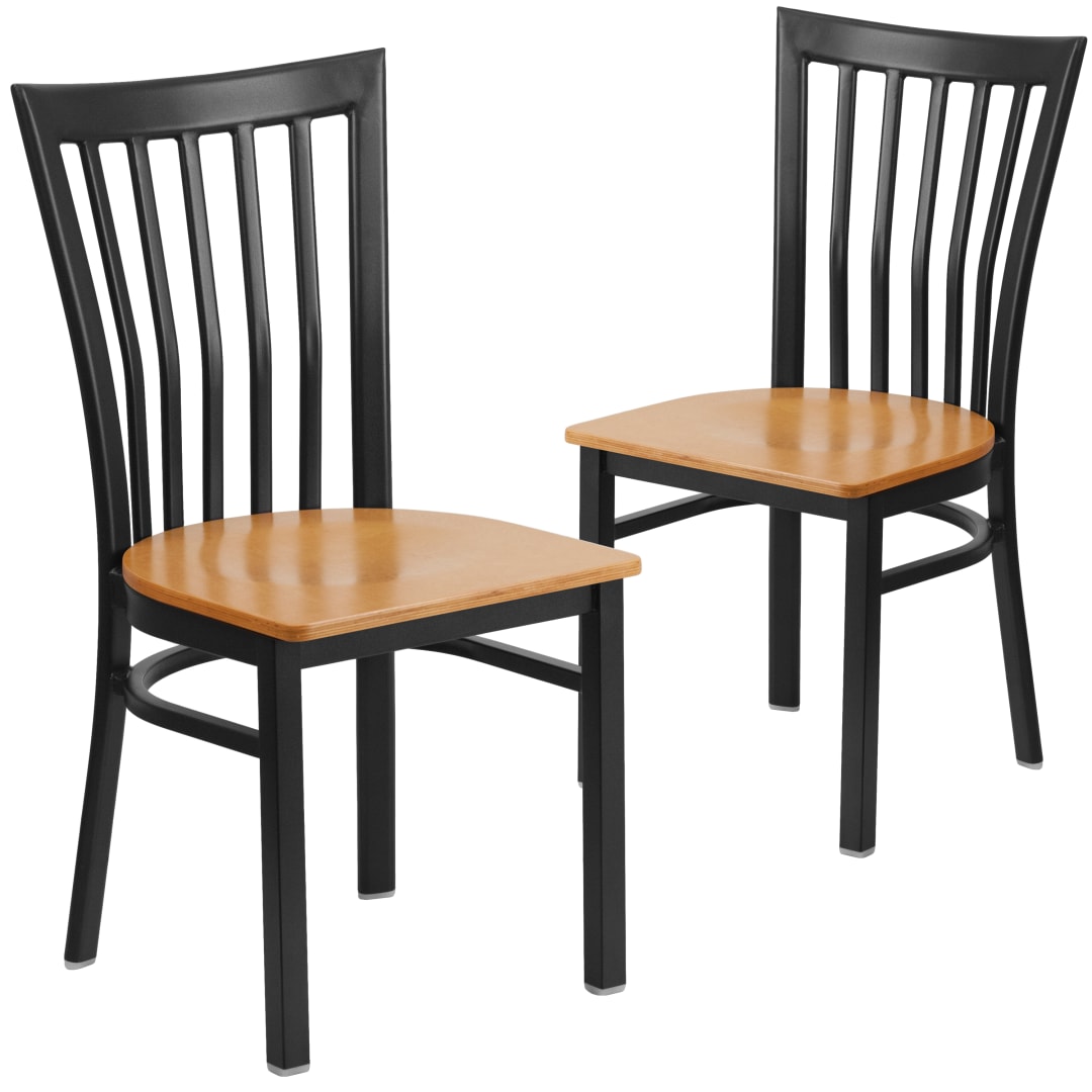 2 Pk. HERCULES Series Black School House Back Metal Restaurant Chair - Natural Wood Seat