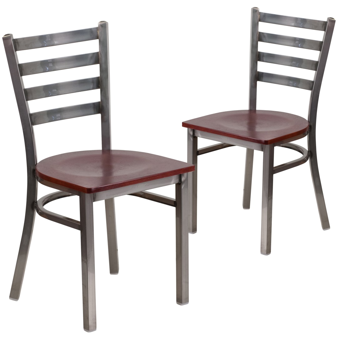 2 Pk. HERCULES Series Silver Antique Finish with Clear Coat Ladder Back Metal Restaurant Chair - Mahogany Wood Seat
