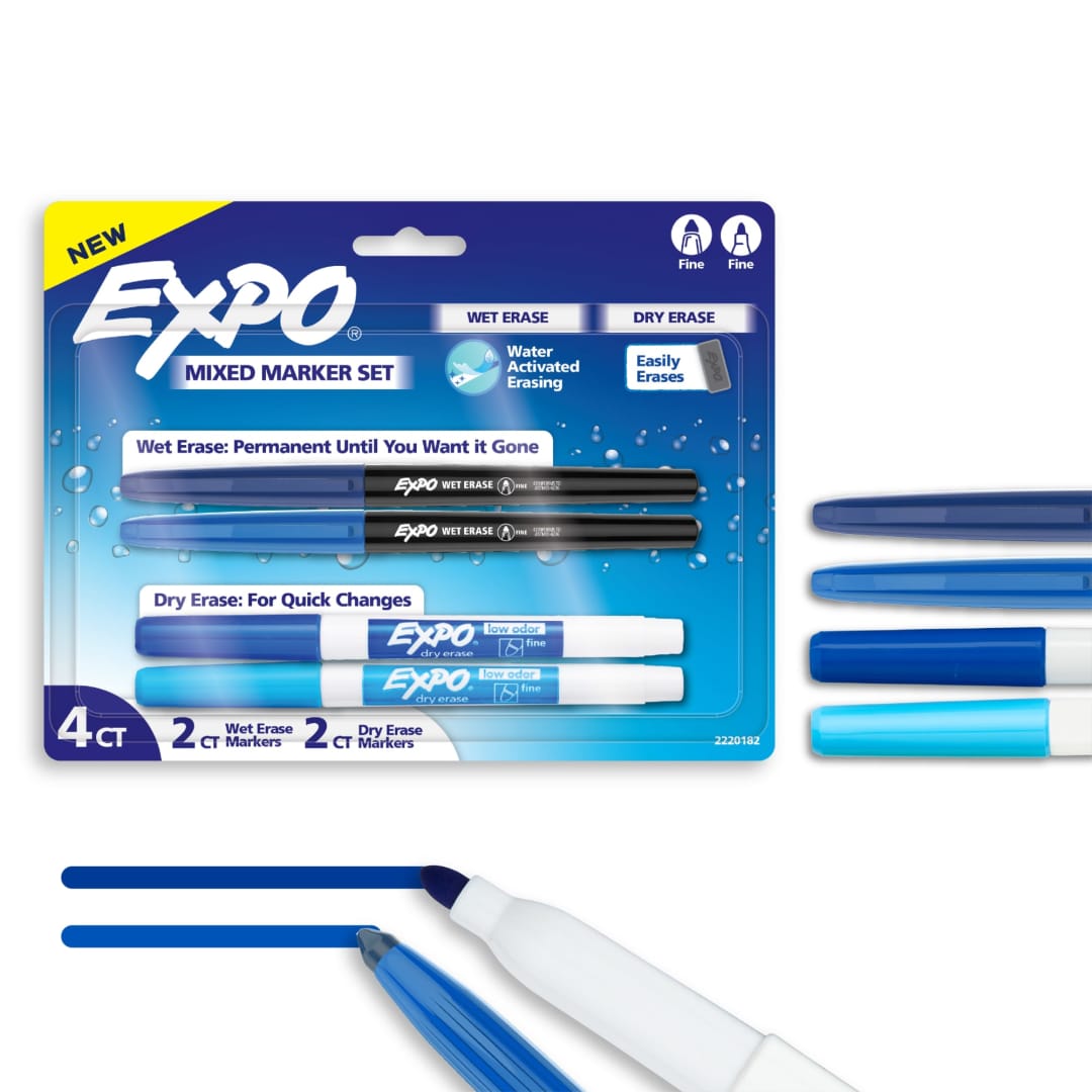 EXPO Markers Variety Pack, Features Dry Erase and Wet Erase Markers, Fine Tip, Blue Shades, 4 Count