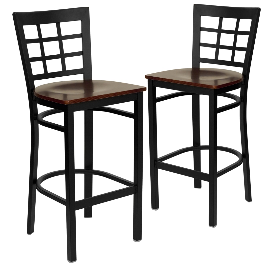 2 Pk. HERCULES Series Black Window Back Metal Restaurant Barstool - Mahogany Wood Seat