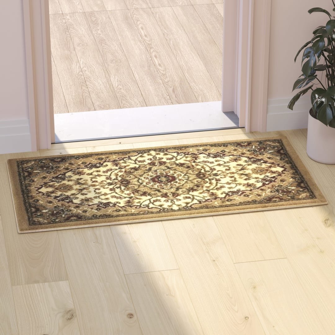 Mersin Collection Persian Style 2x3 Ivory Area Rug-Olefin Rug with Jute Backing-Hallway, Entryway, Bedroom, Living Room