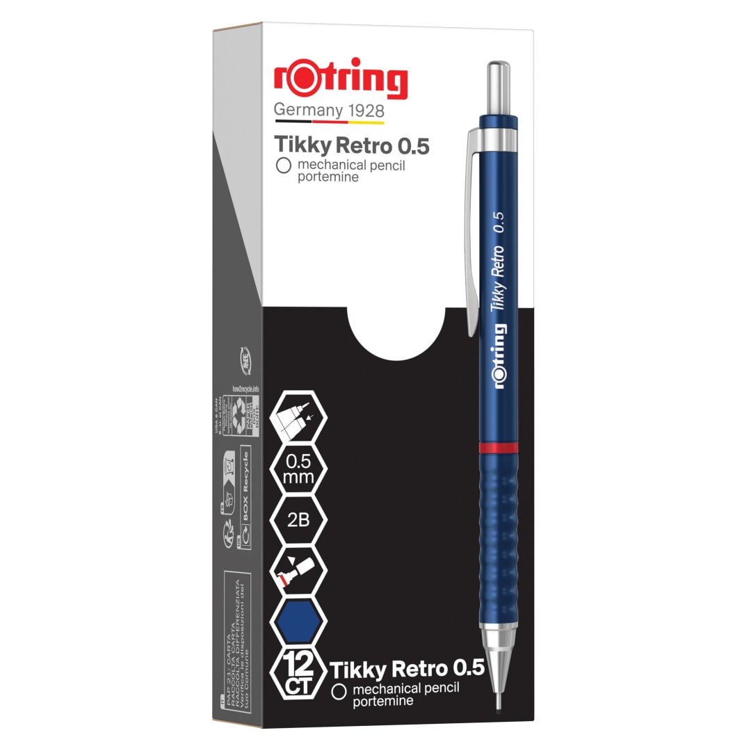 rOtring Tikky Retro Portaminas | 2B 0,5 mm | Cuerpo azul | Cómodo agarre ondulado | 12 unidades