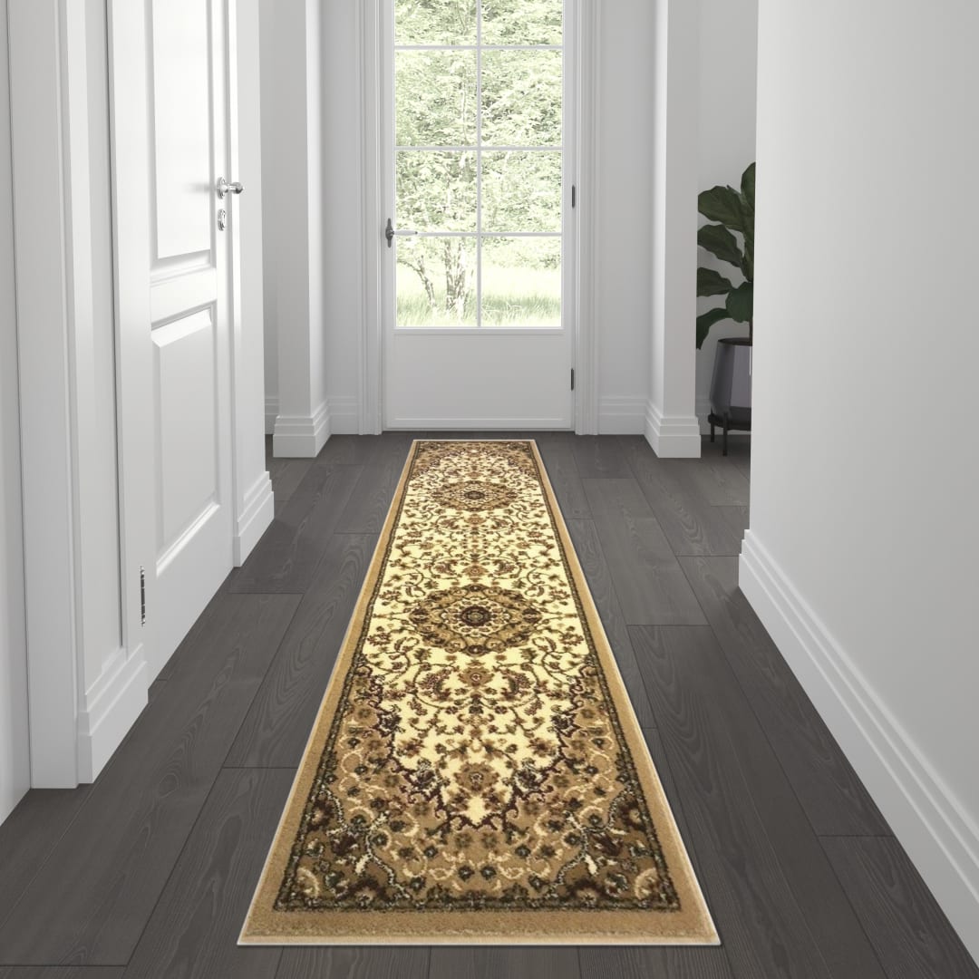 Mersin Collection Persian Style 2' x 7' Ivory Area Rug - Olefin Rug with Jute Backing - Hallway, Entryway, Bedroom, Living Room