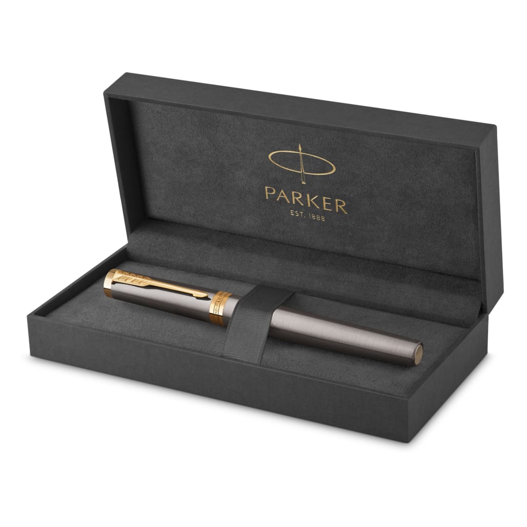 Parker Ingenuity Rollerball Pen | Grey Lacquer with Gold Trims | Fine Stainless Steel Point | Black Ink Refill | Gift Box | Perfect Graduation Gifts