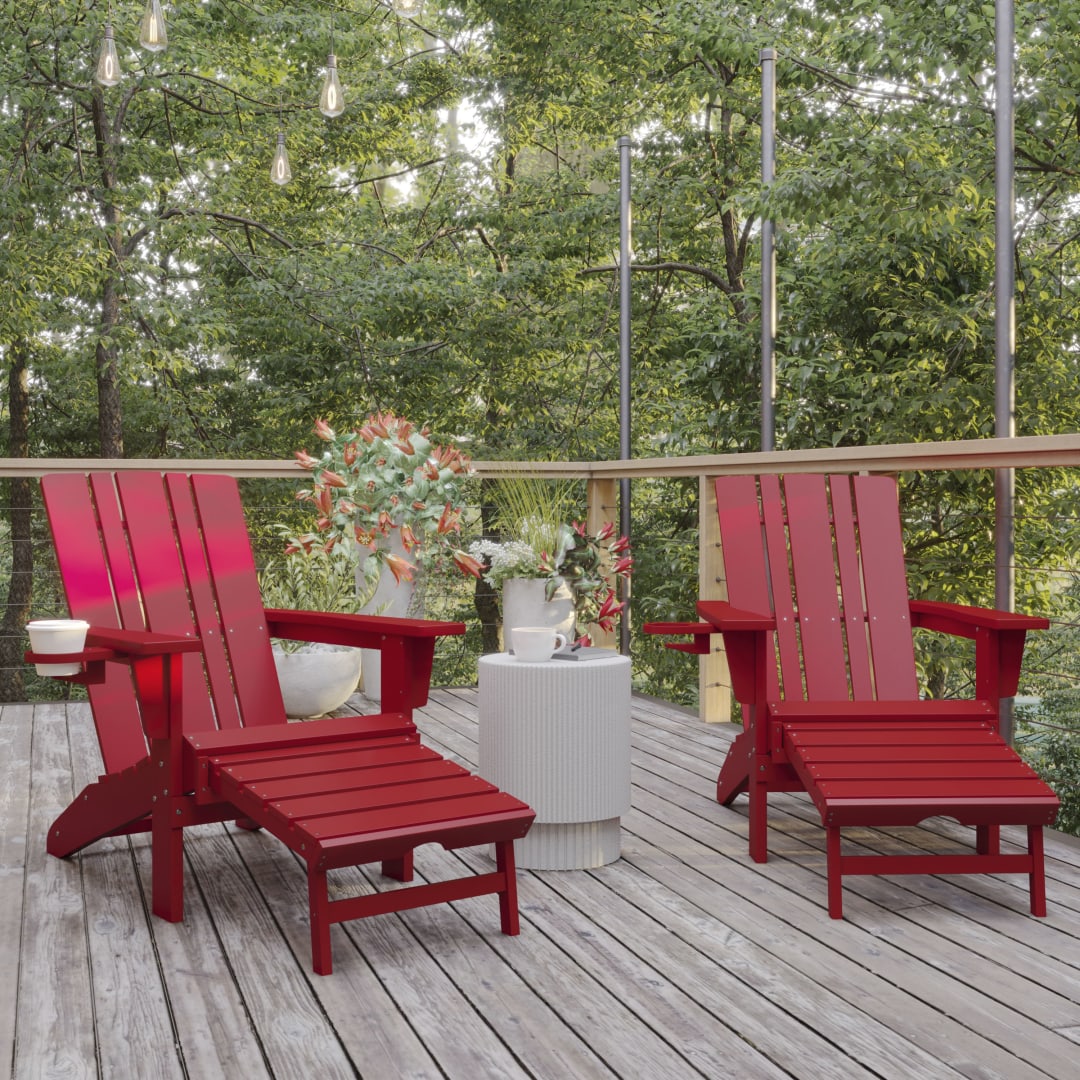 Halifax HDPE Adirondack Chair with Cup Holder and Pull Out Ottoman, All-Weather HDPE Indoor/Outdoor Lounge Chair in Red, Set of 2