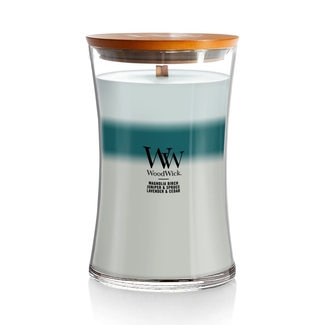 WoodWick® Icy Woodland Scented Trilogy Large Hourglass Candle, Crackles as it Burns, Great for gifting, 21oz