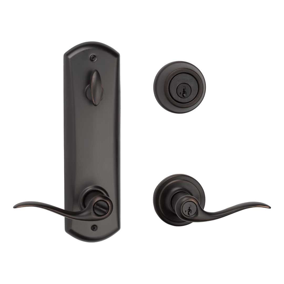 Tustin Deadlatch Interconnect UL Keyed Entry Lever featuring SmartKey Security™ in Venetian Bronze