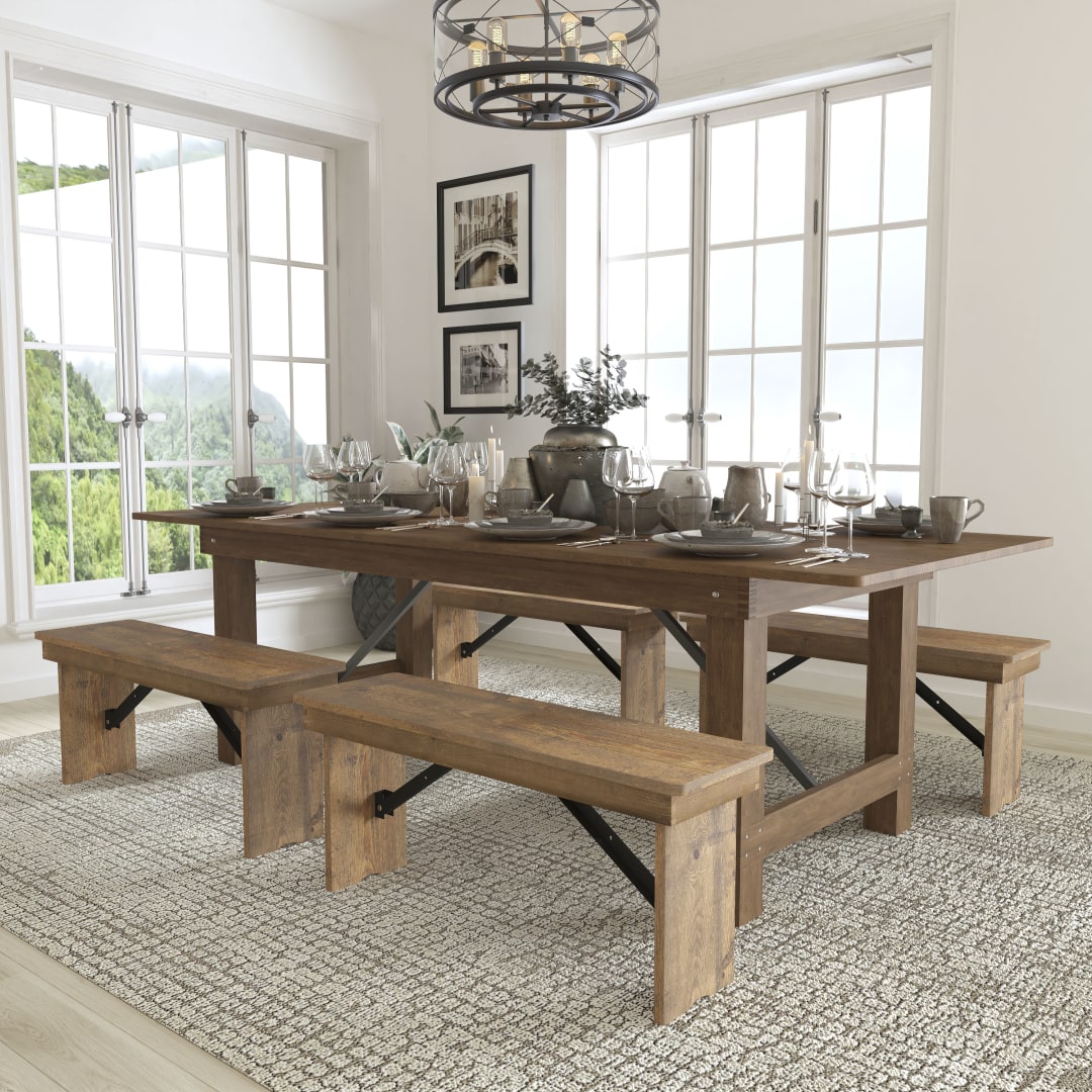 HERCULES Series 8' x 40'' Antique Rustic Folding Farm Table and Four 40.25"L Bench Set