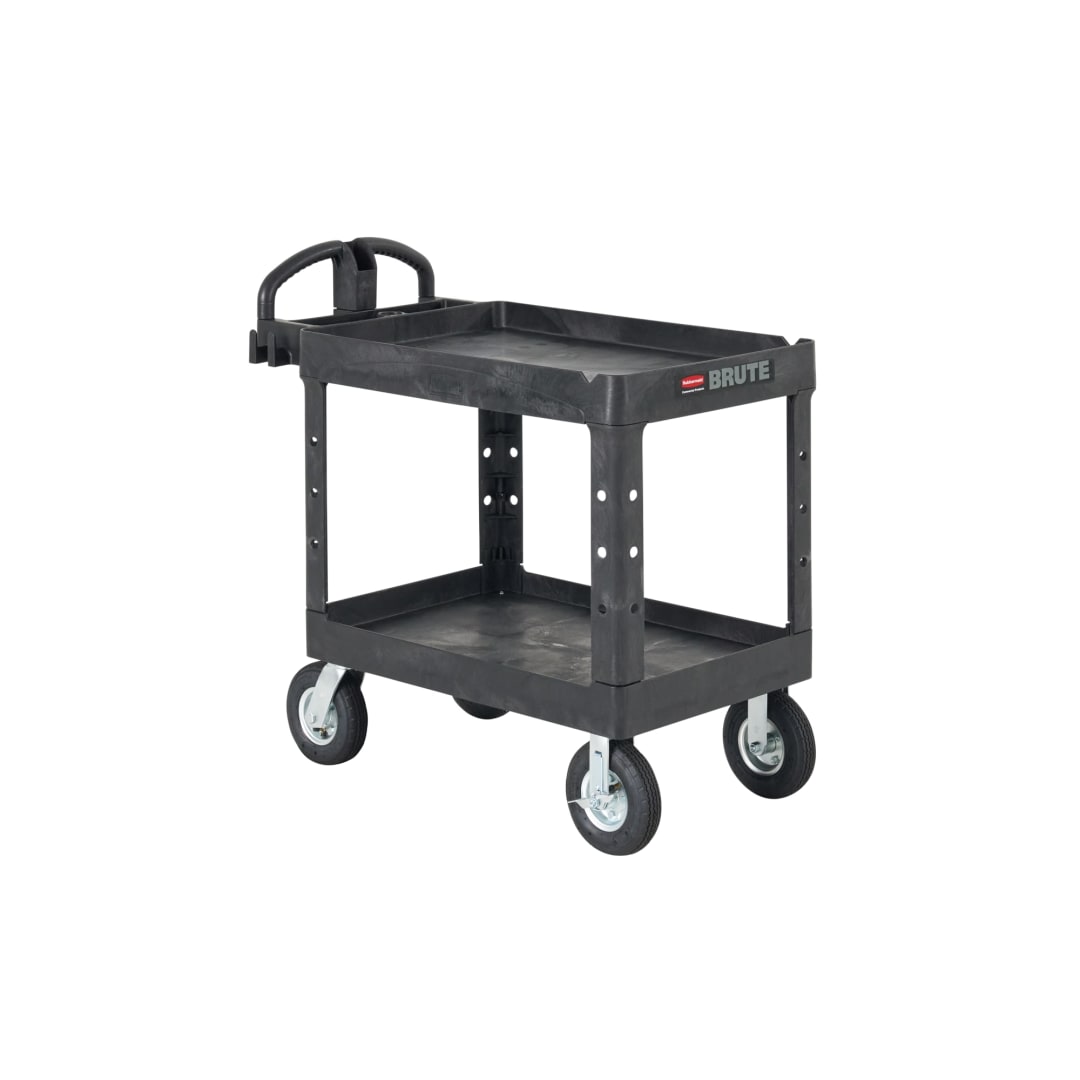 BRUTE Heavy Duty Ergo Handle Utility Cart with Pneumatic Casters, Lipped Shelf, Medium, Black