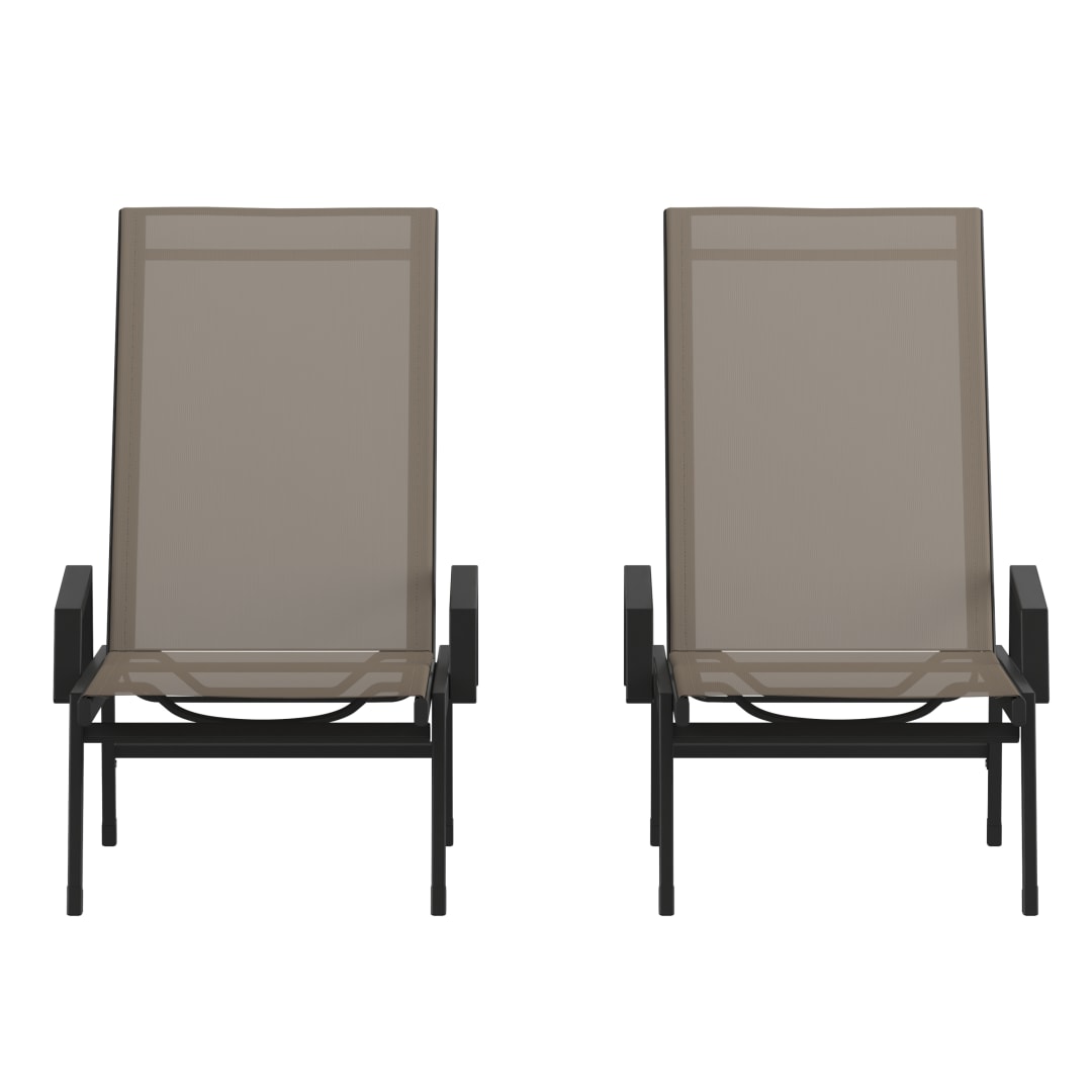 Brazos Set of 2 Adjustable Chaise Lounge Chairs with Arms, All-Weather Outdoor Five-Position Recliners, Black/Brown