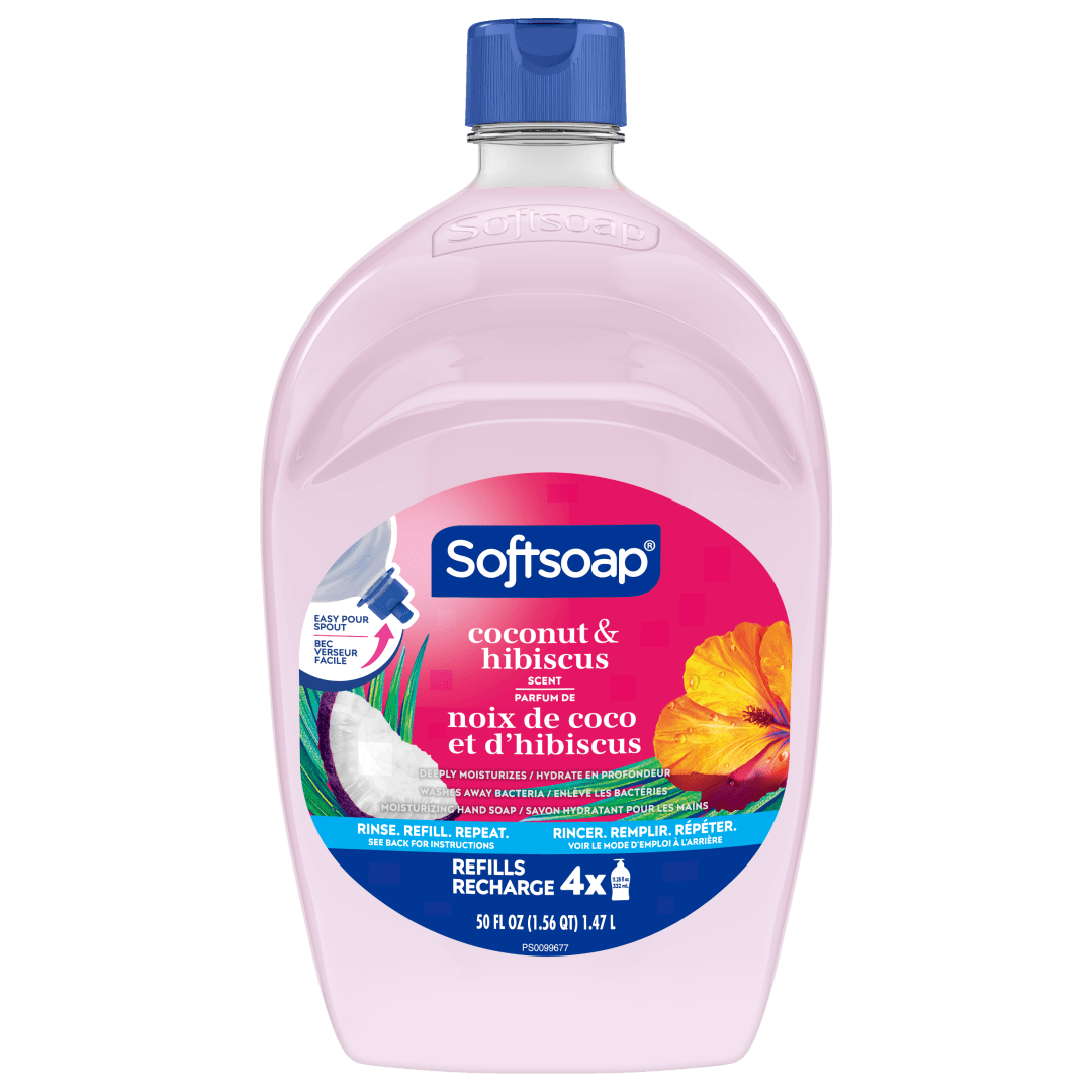 Softsoap Coconut and Hibiscus Moisturizing Liquid Hand Soap with New Easy Pour Spout, Kitchen and Bathroom Hand Soap, 50 fl oz Refill