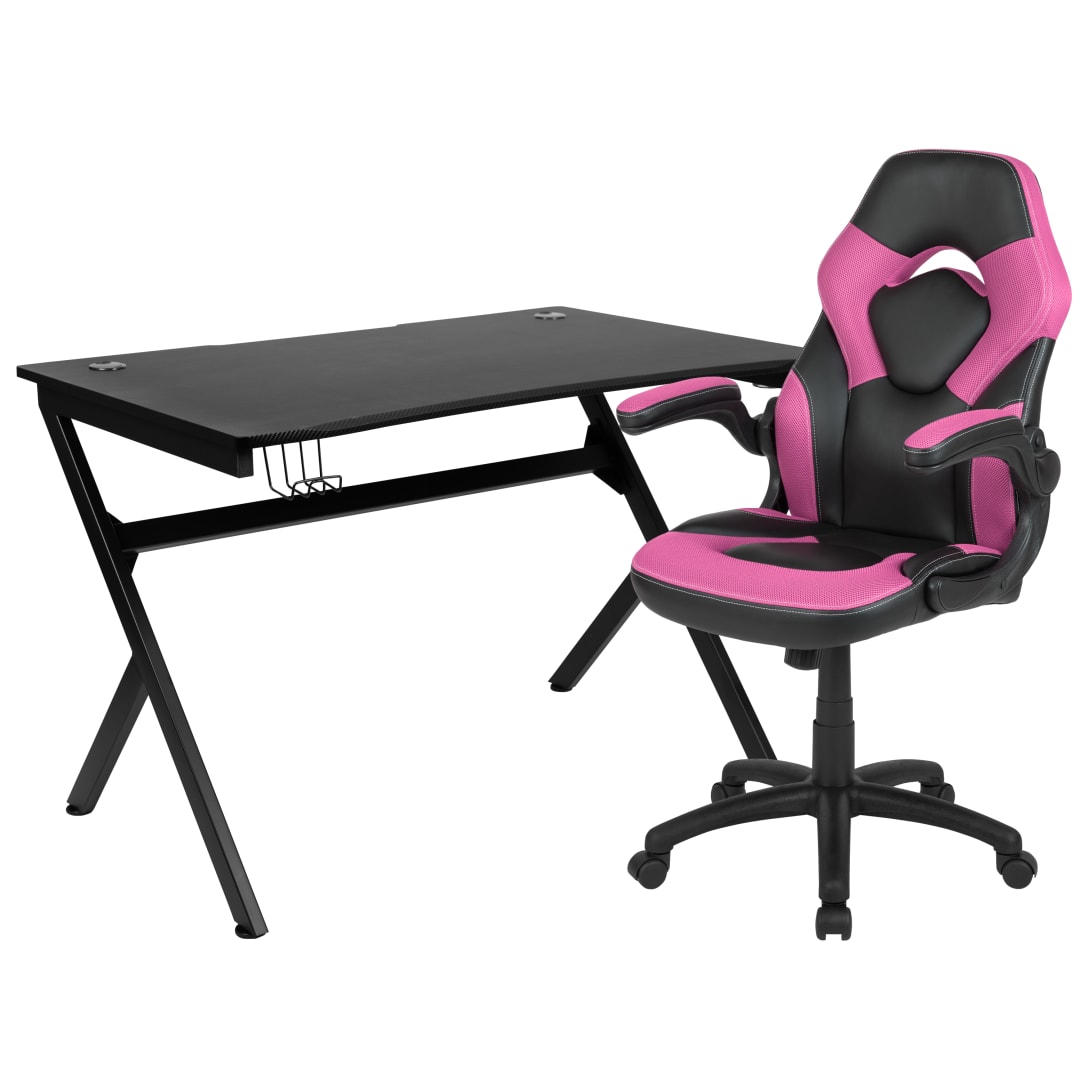 Optis Black Gaming Desk and Pink/Black Racing Chair Set with Cup Holder, Headphone Hook &amp; 2 Wire Management Holes