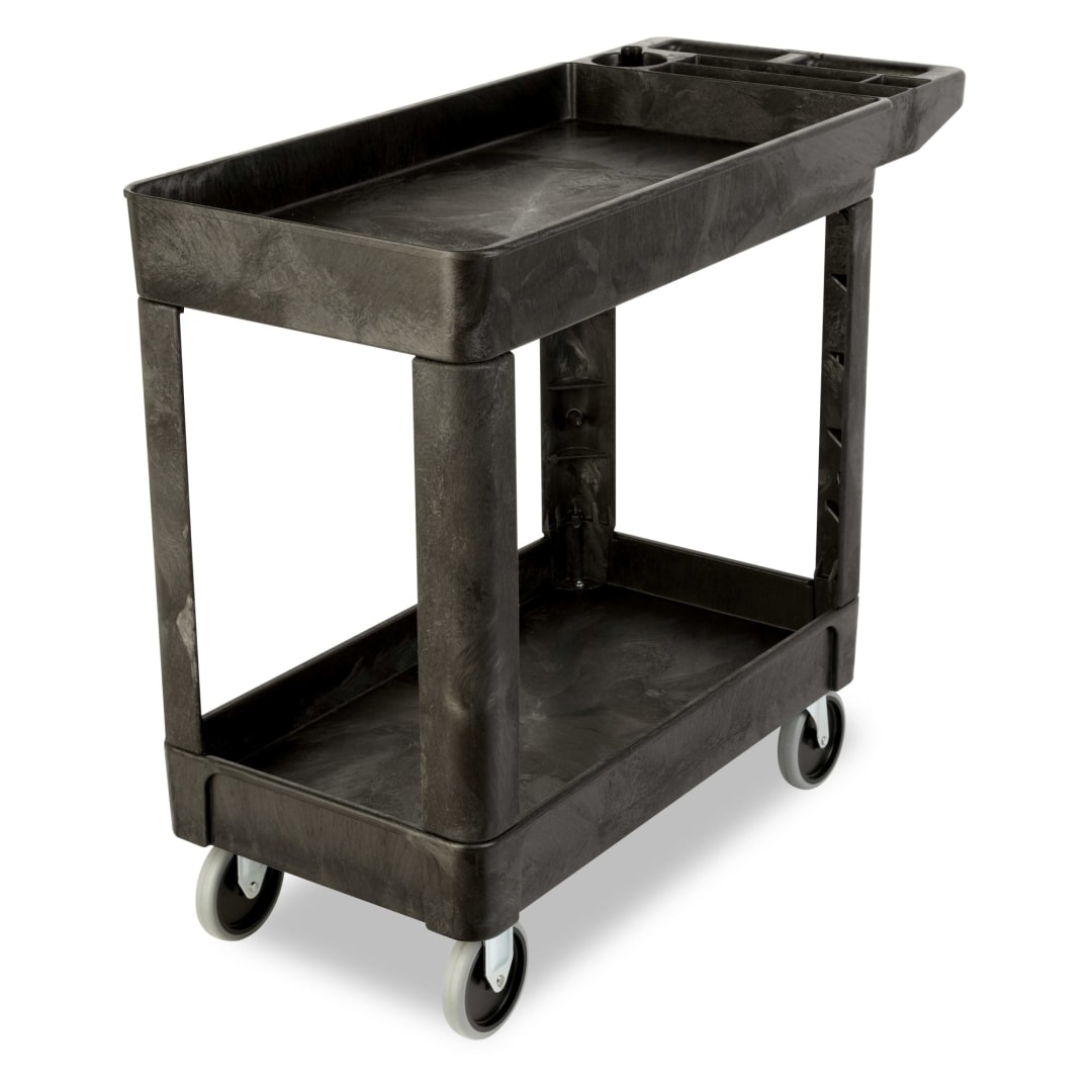 Heavy Duty Flat Handle Utility Cart, Lipped Shelf, Small, Black