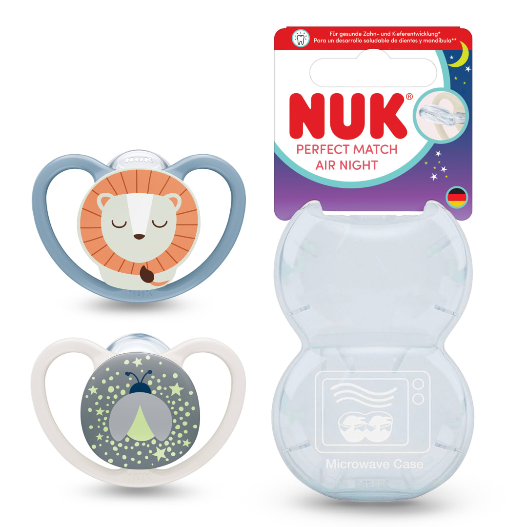NUK Perfect Match Air Night Chupete para beb | 18-36 meses | Chupetes luminosos que facilitan la ventilacin y evitan la irritacin | 95% de aceptacin por parte de los bebs** | Len | 2 unidades