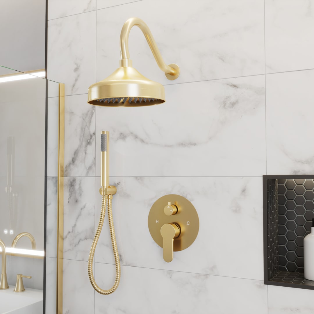 Harmony Rainfall Shower Set with round showerhead, round valve, and Wand Handshower, Brushed Brass