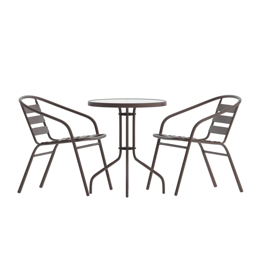 Lila 23.75'' Round Glass Top Metal Table with 2 Bronze Aluminum Slat Stack Chairs