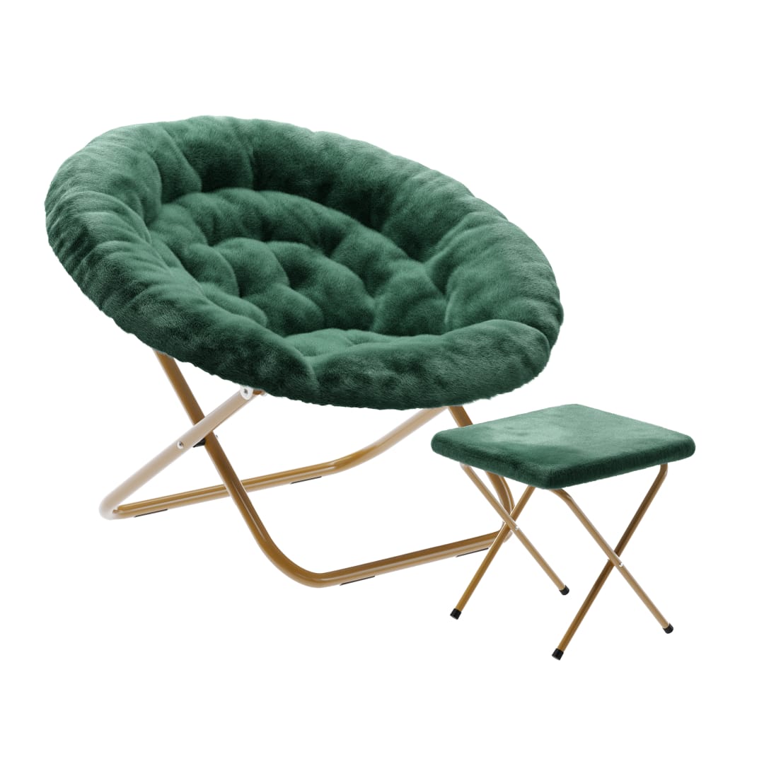 Gwen 38" Oversize Portable Faux Fur Folding Saucer Moon Chair with Folding Ottoman for Dorm and Bedroom, Emerald Faux Fur/Soft Gold Frame