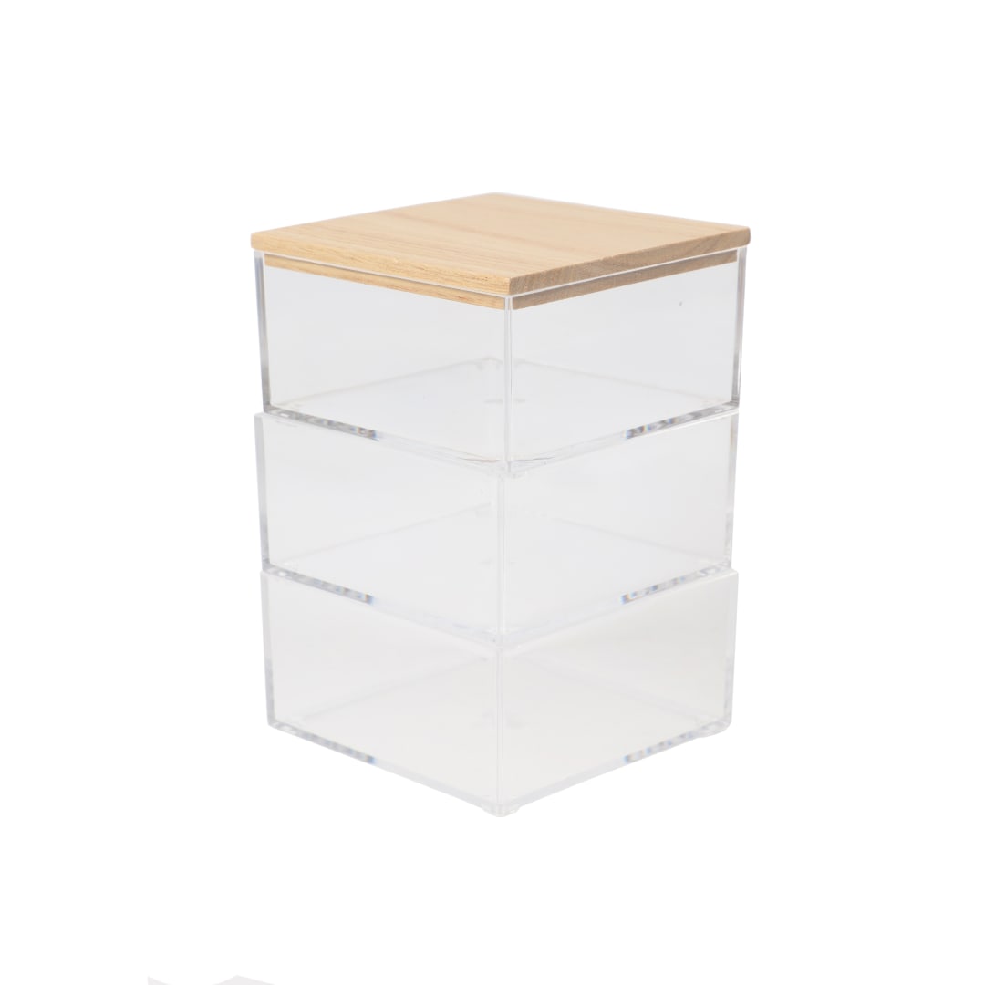 Brody Clear Plastic Storage Organizer Bins with Light Natural Paulownia Wood Lid for Home Office, Kitchen, or Bathroom, 3 Pack Small, 3.75" x 3"