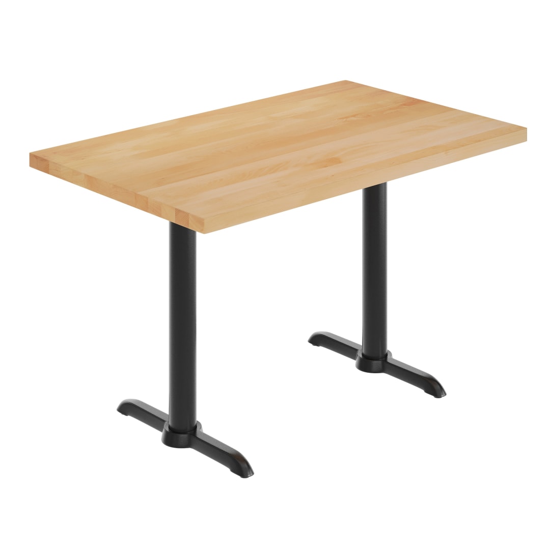 Bennett 30" x 48" Solid Wood Commercial Indoor Tabletop in Natural with Dual 5" x 22" Dining Height Rust-Resistant Black Cast Iron T-Bases