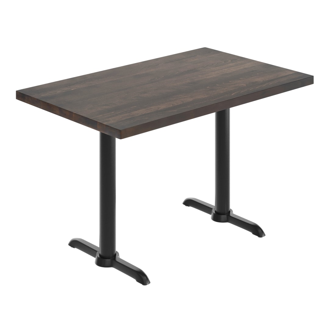 Bennett 30" x 48" Solid Wood Commercial Indoor Tabletop in Dark Brown with Dual 5" x 22" Dining Height Rust-Resistant Black Cast Iron T-Bases