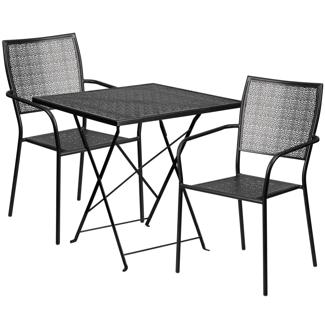 Oia Commercial Grade 28" Square Black Indoor-Outdoor Steel Folding Patio Table Set with 2 Square Back Chairs
