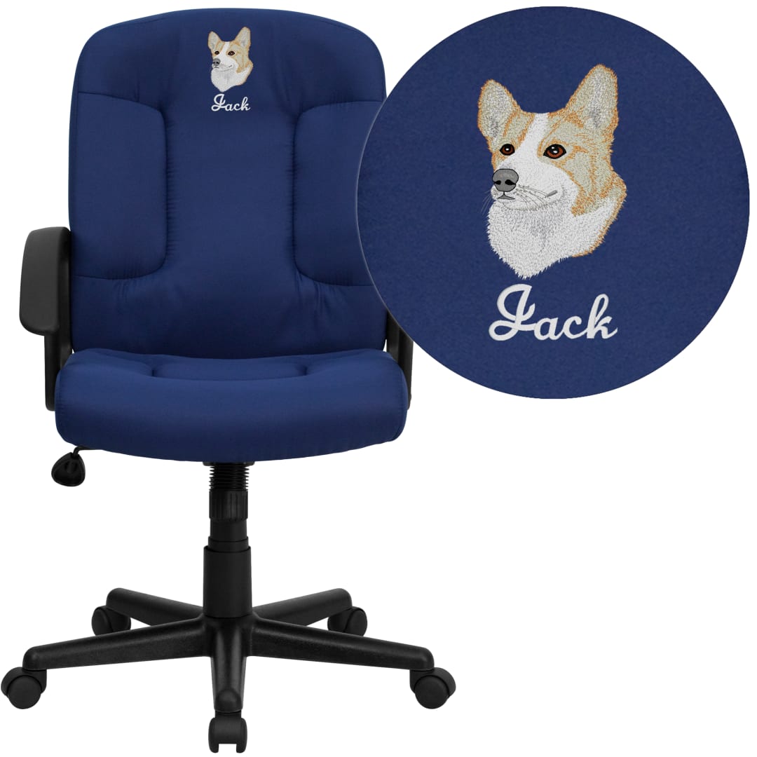 Garver Embroidered Mid-Back Navy Fabric Executive Swivel Office Chair with Nylon Arms