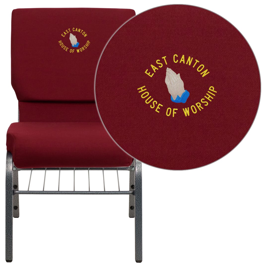 Embroidered HERCULES Series 18.5''W Church Chair in Burgundy Fabric with Book Rack - Silver Vein Frame
