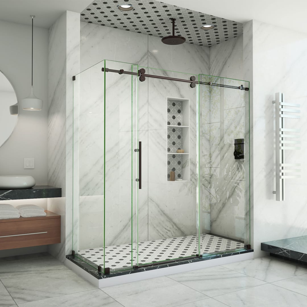 DreamLine Enigma-XO 34 1/2 inch D x 56 3/8 - 60 3/8 inch W x 76 inch H Frameless Sliding Shower Enclosure in Oil Rubbed Bronze Stainless Steel