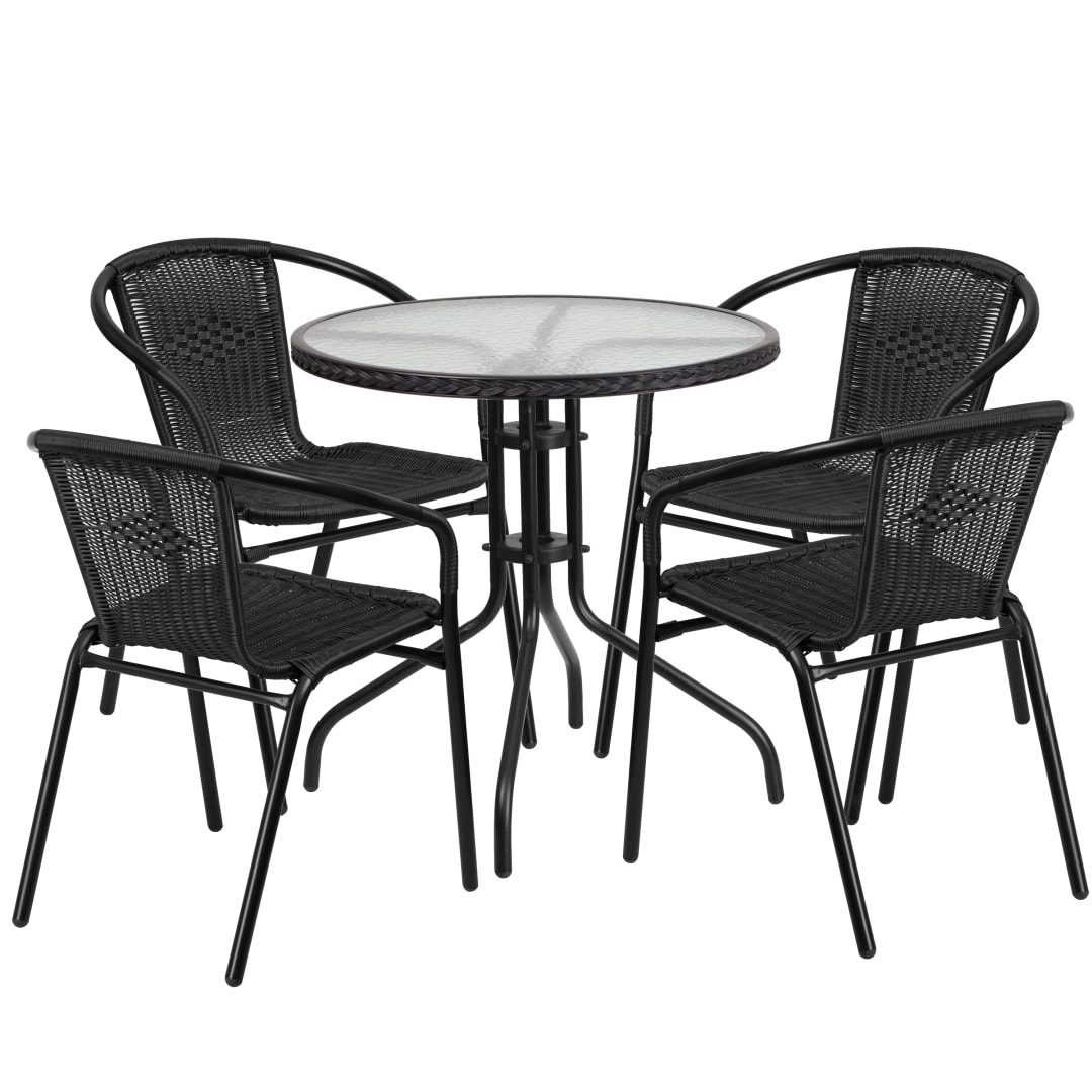 Lila 28'' Round Glass Metal Table with Black Rattan Edging and 4 Black Rattan Stack Chairs