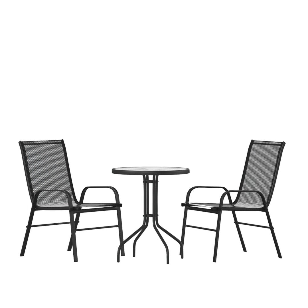 Brazos 3 Piece Outdoor Patio Dining Set - 23.75" Round Tempered Glass Patio Table, 2 Black Flex Comfort Stack Chairs