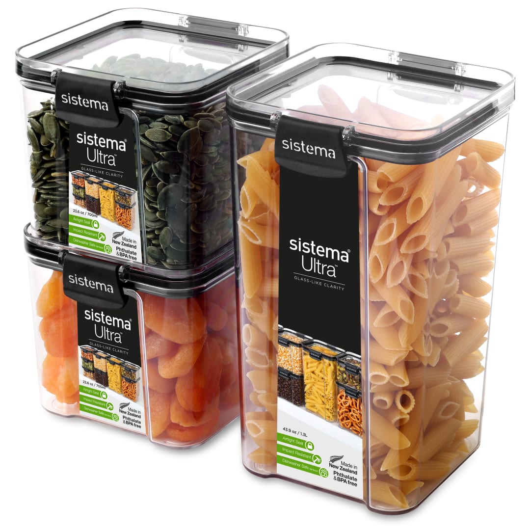 Sistema Ultra recipientes de almacenamiento herméticos de Tritan para despensas y cocinas | 3 recipientes de plástico para guardar alimentos (1 de 1,3 l + 2 de 700 ml) | Apilables | Sin BPA