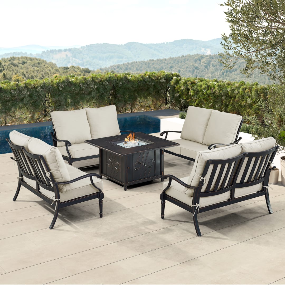 Black Aluminum Patio Fire Table Set with Four Deep Seating Loveseat with Cushions
