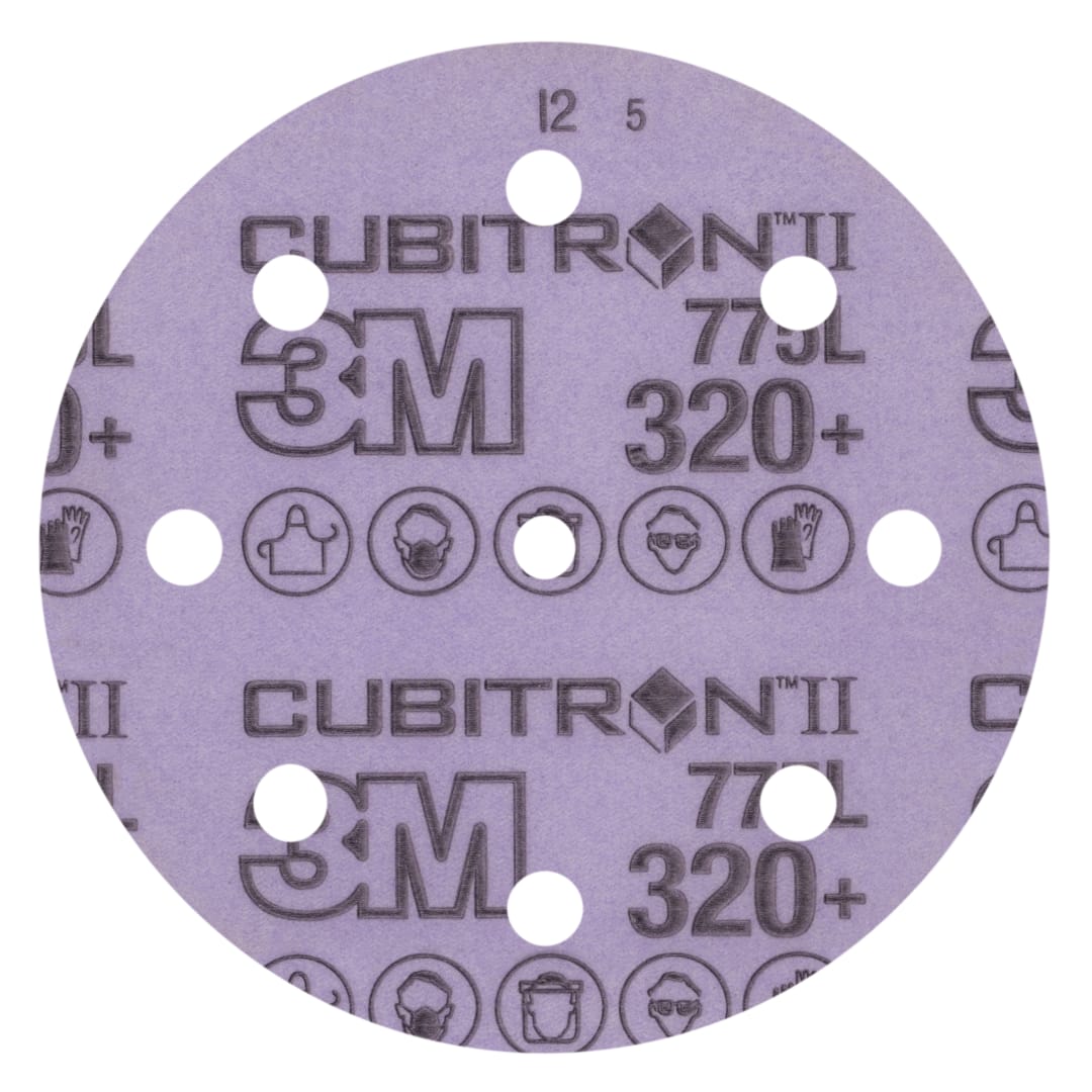 3M™ Cubitron™ II Hookit™ 775L Film Disk, 320+ 3MIL, 127 mm x NH, 8HL, Die 500KE, 50/Carton, 250 ea/Case