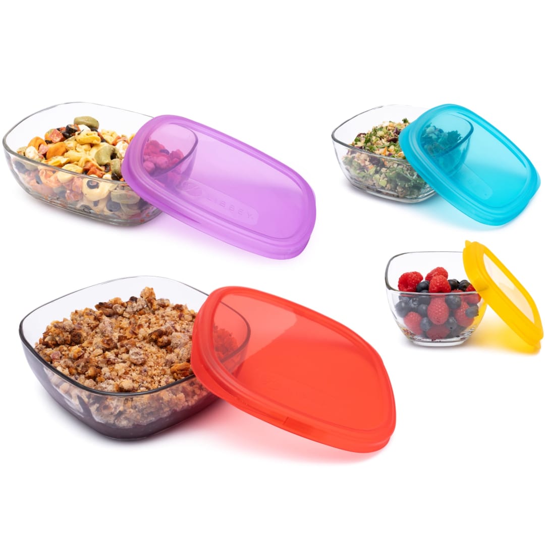 Libbey Serve It 8-Piece Glass Storage Container Set with 2-Cup, 6-Cup, 8-Cup, and 12.5-Cup Bowls and Multi-Color Lids