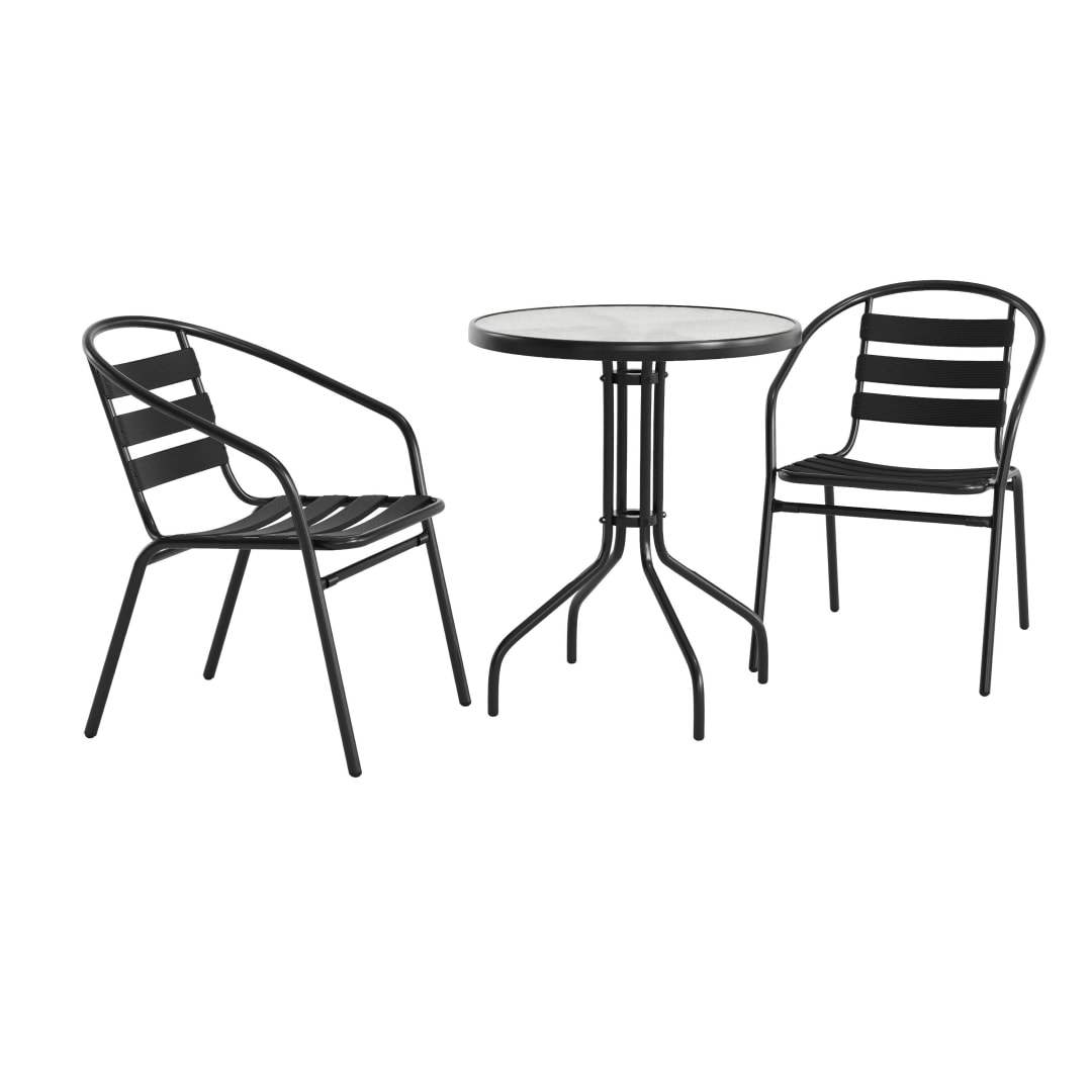 Lila 23.75'' Round Glass Metal Table with 2 Black Metal Aluminum Slat Stack Chairs