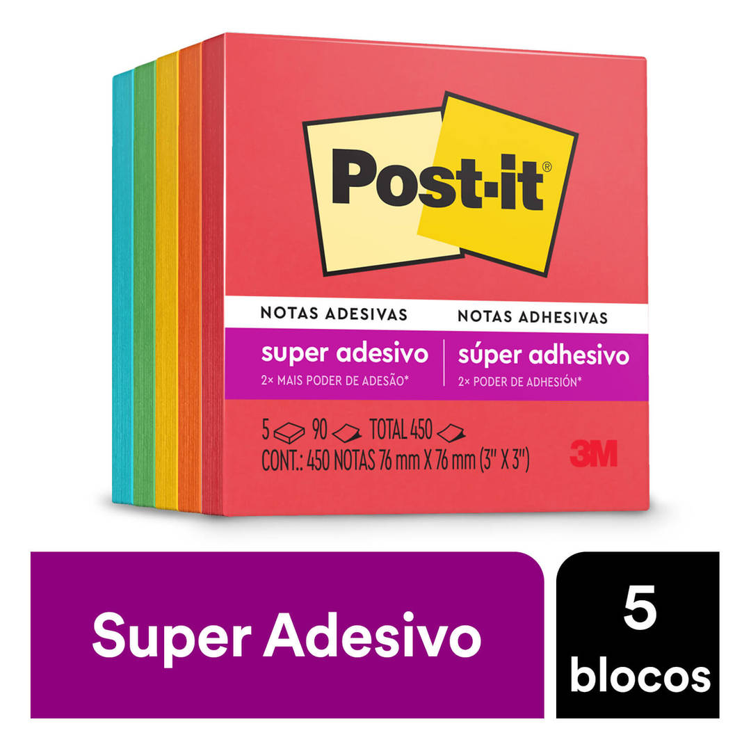 Bloco de Notas Super Adesivas Post-it®, Coleção Diversão Colorida, 76 mm x 76 mm, 5 Blocos