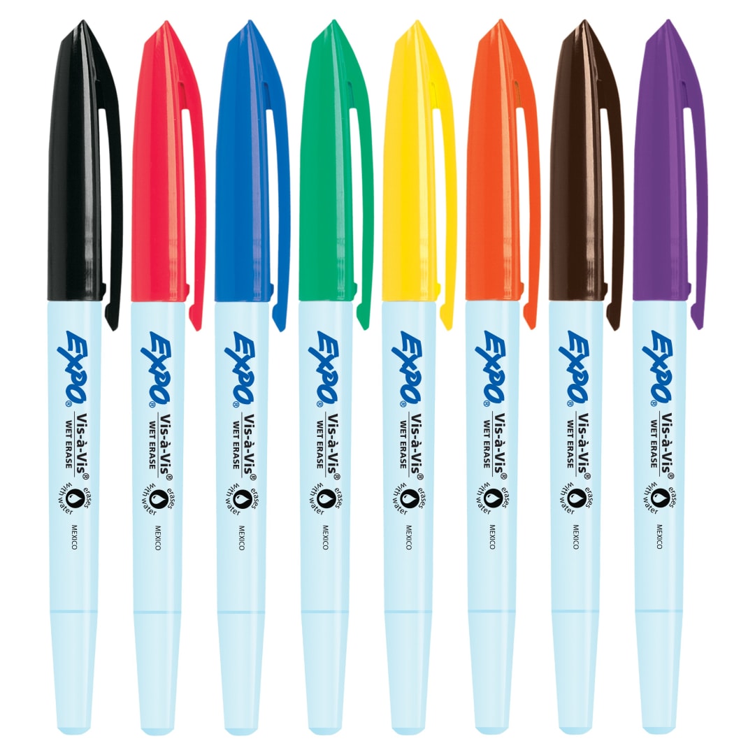 EXPO® Vis-a-Vis Wet Erase Markers, Fine Point, Assorted Colors, 8 Count