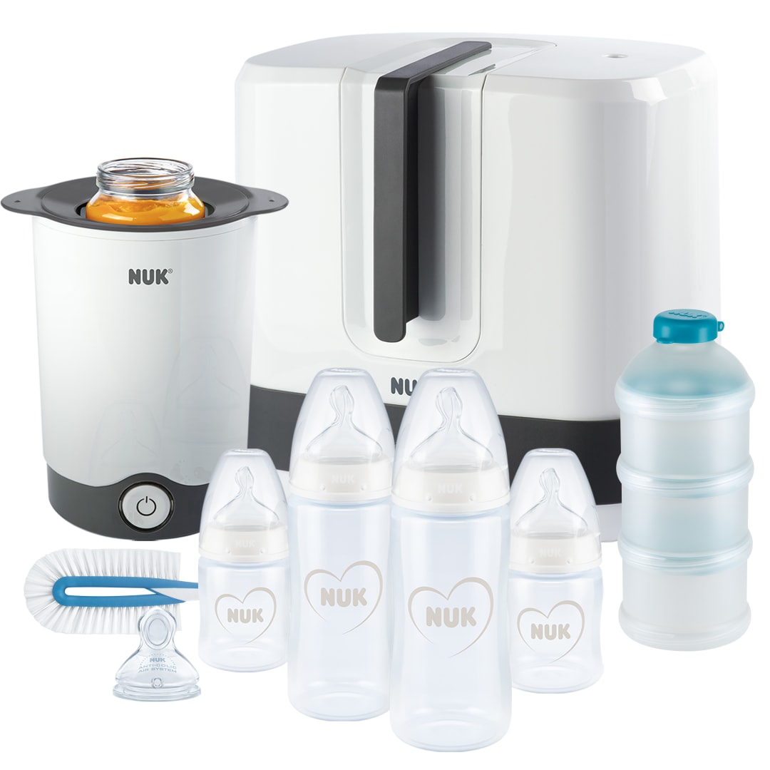 NUK First Choice+ Juego completo de alimentación | Esterilizador Vario Express, 4x biberones, 1x tetina extra, calienta biberones y más | Gris y blanco | 9 unidades
