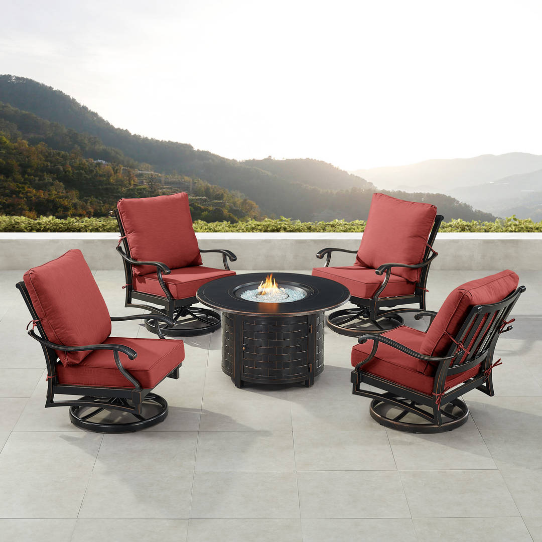 Black Aluminum Patio Fire Table Set with Four Club Chairs