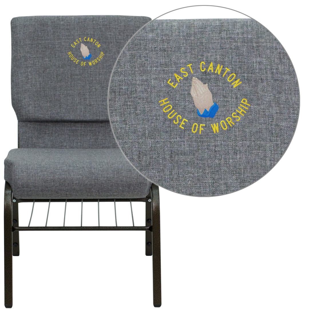 Embroidered HERCULES Series 18.5''W Church Chair in Gray Fabric with Book Rack - Gold Vein Frame