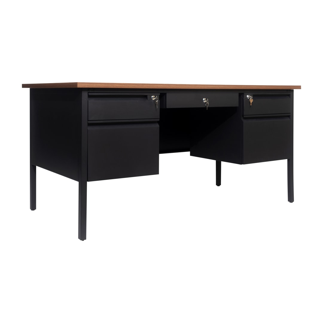 Cambridge Commercial Grade 30x60 Double Pedestal Desk with 5 Locking Drawers, Walnut Top and Black Frame