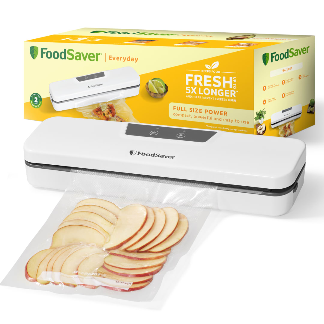 FoodSaver Everyday envasadora al vacío | Mantiene los alimentos frescos hasta 5X más tiempo | Maquina de envasar al vacio con diseño compacto | Con 5 bolsas para envasar al vacío (0,94 l y 3,78 l)