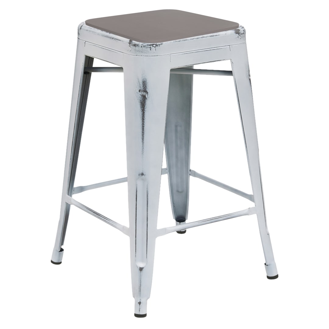 Kai Commercial Grade 24" High Backless Distressed White Metal Indoor-Outdoor Counter Height Stool with Gray All-Weather Polystyrene Seat