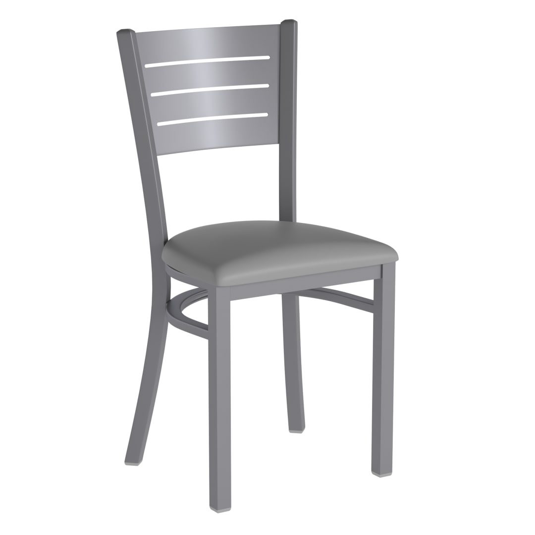 HERCULES Silver Slat Back Metal Restaurant Chair - Gray Vinyl Seat