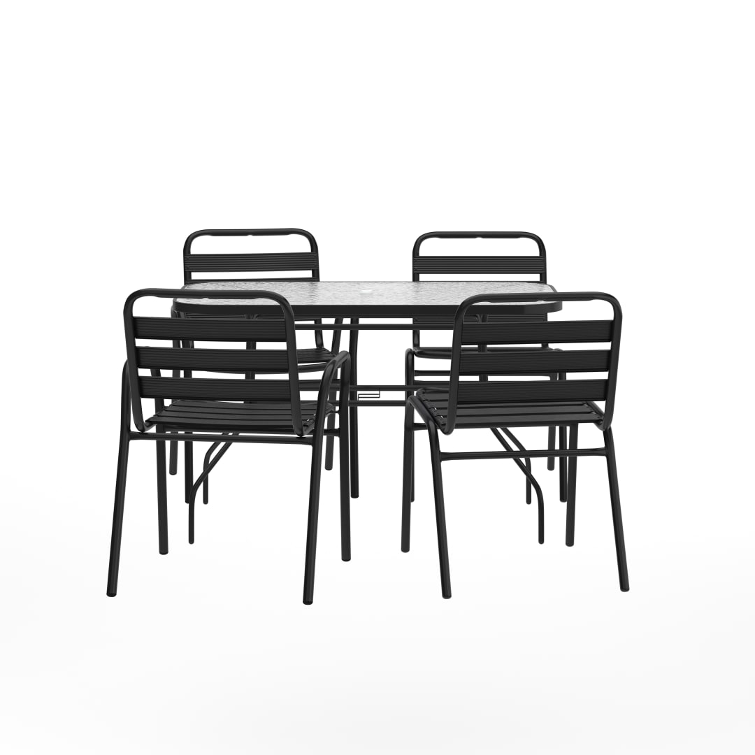 Lila 5 Piece Commercial Outdoor Patio Dining Set with 47" Glass Patio Table, 2 Black Triple Slat Chairs and 2 Black Triple Slat Chairs with Arms