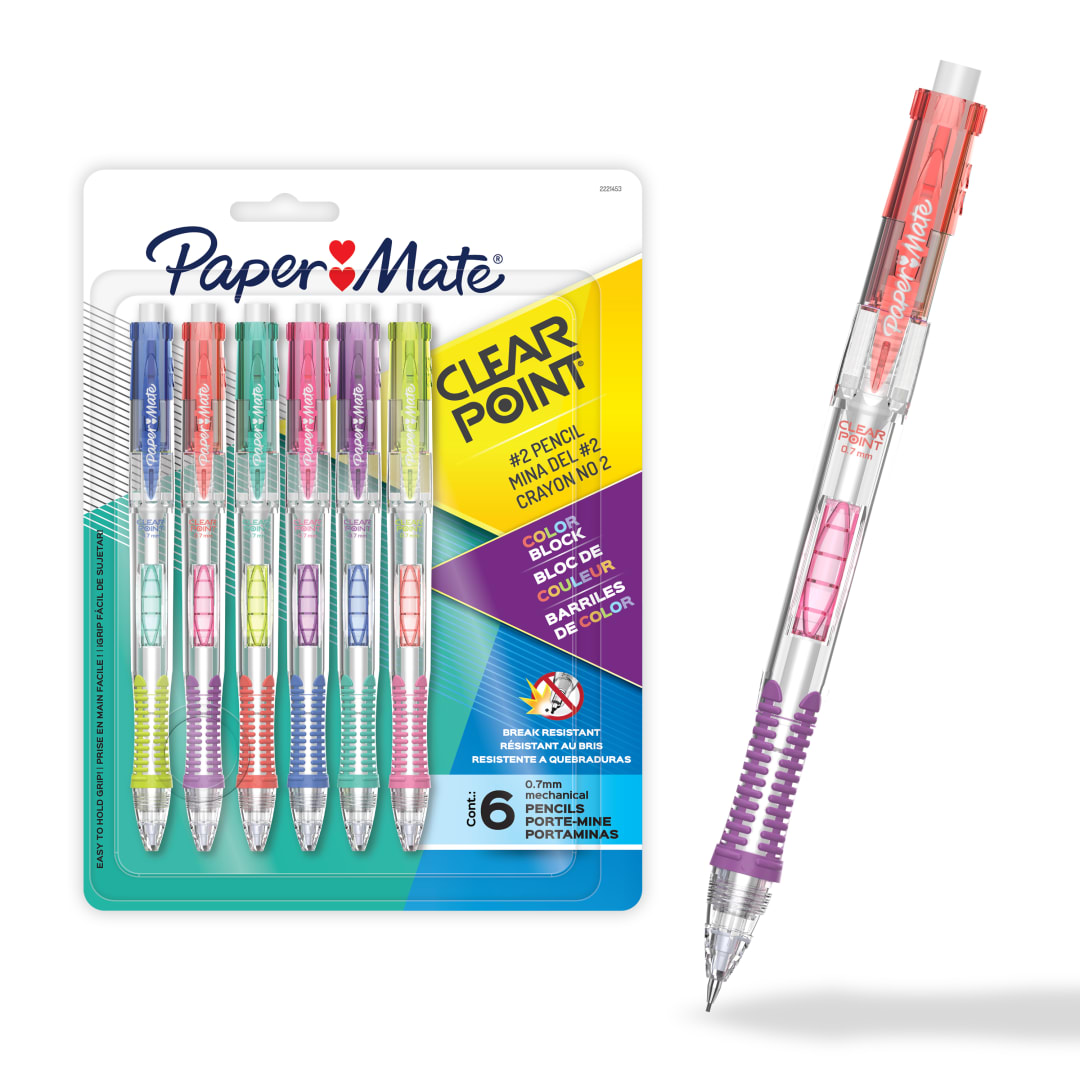 Paper Mate Clearpoint Mechanical Pencil, Break-Resistant, Colour Block Edition, HB #2 Lead (0.7mm), 6 Count