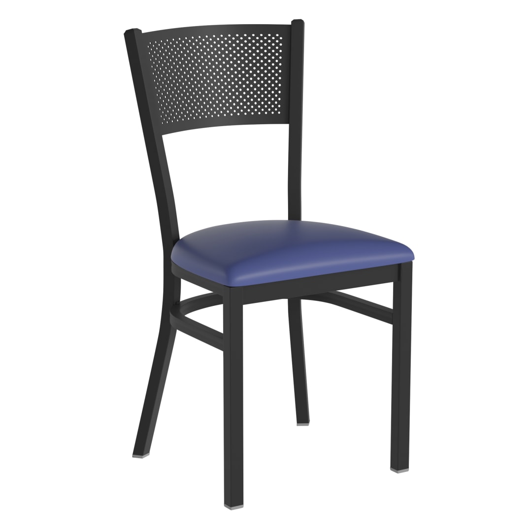 HERCULES Black Grid Back Metal Restaurant Chair - Blue Vinyl Seat