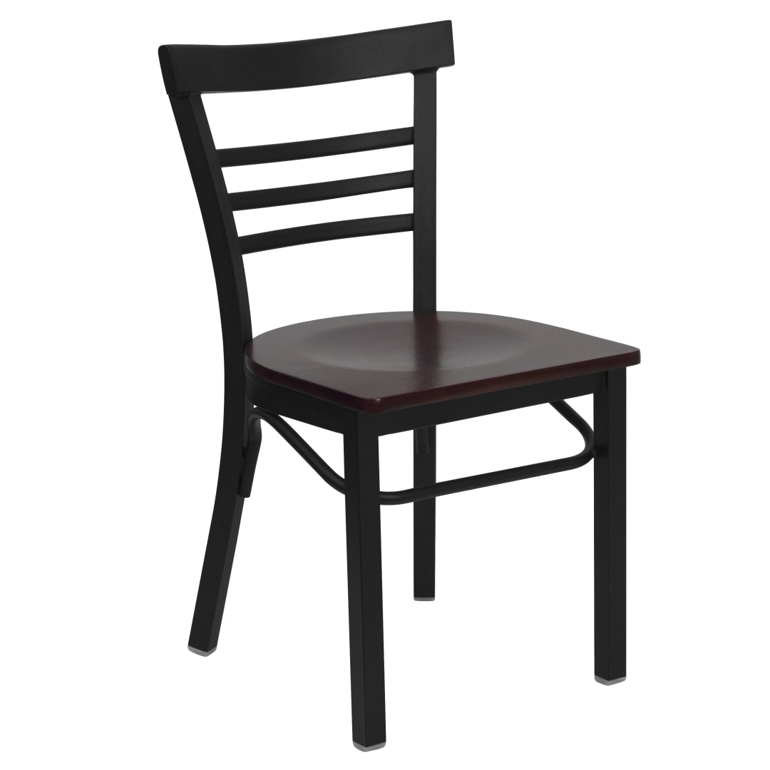 4 Pk. HERCULES Series Black Three-Slat Ladder Back Metal Restaurant Chair - Mahogany Wood Seat